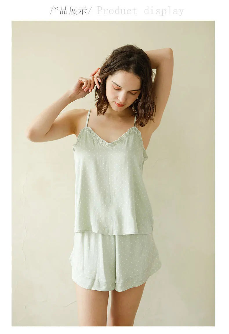 Women Summer Satin Viscose Spaghetti Strap Polka Dot 2 Piece Pajama Set