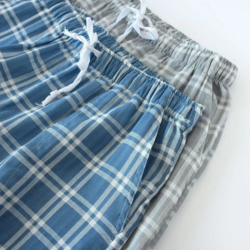 Men’s Summer Cotton Gauze Plaid Sleep Bottoms