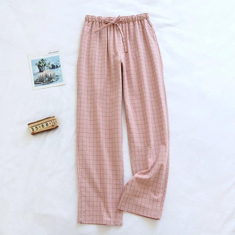 Women’s Washed Cotton Plaid Pajama Pants – Elastic Waist Lounge Sleepwear