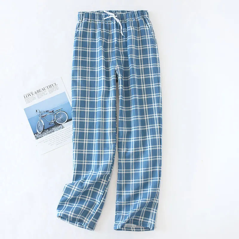 Men’s Summer Cotton Gauze Plaid Sleep Bottoms