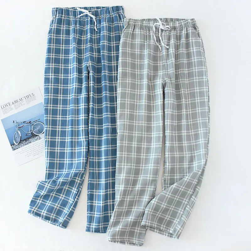 Men’s Summer Cotton Gauze Plaid Sleep Bottoms