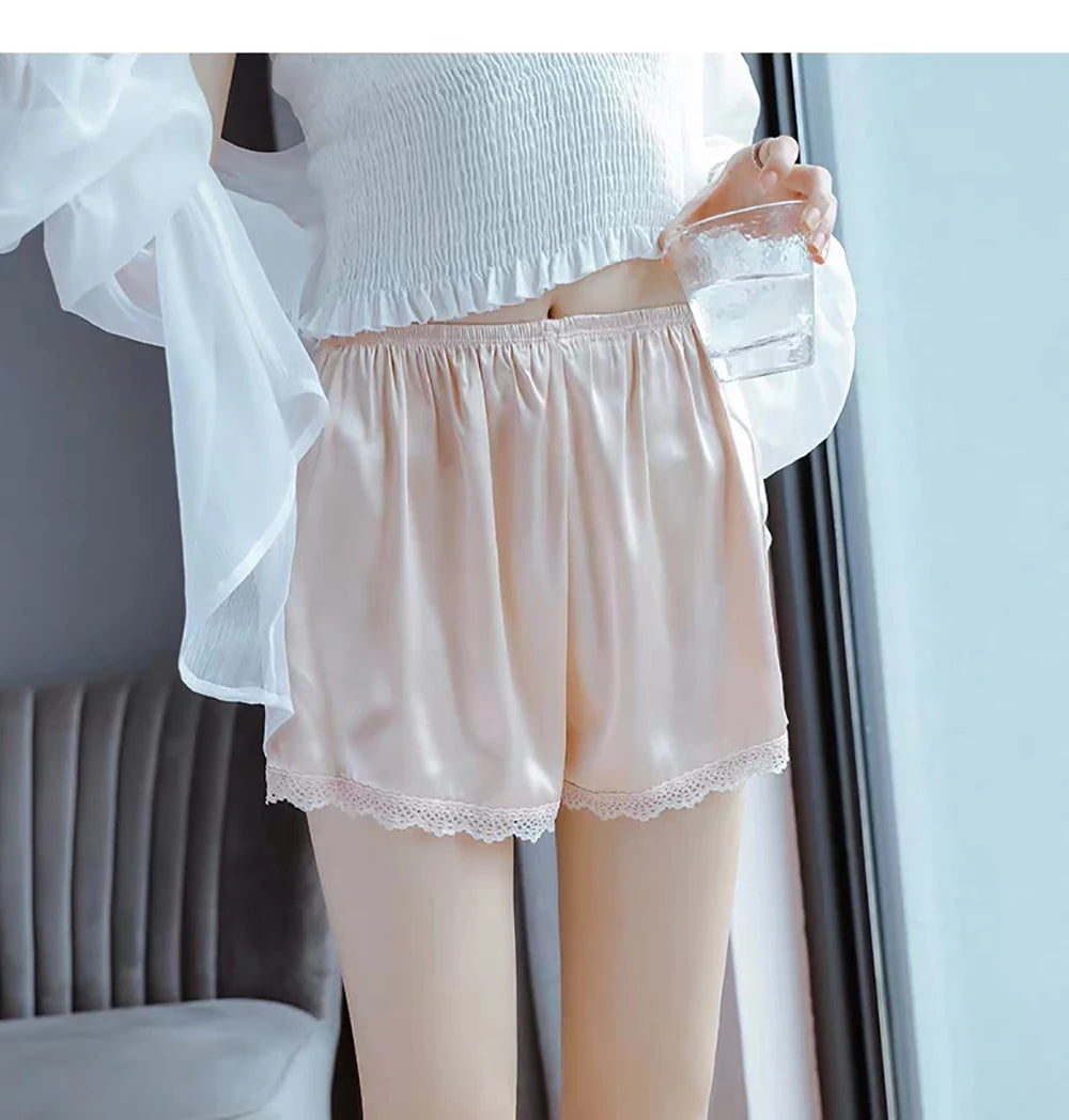 Women Spring Summer Satin Silk Lace Elastic Pajama Sleep Shorts