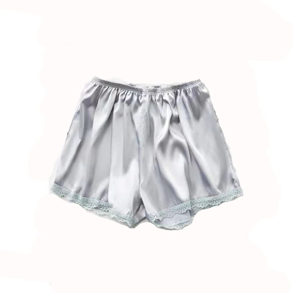 Women Spring Summer Satin Silk Lace Elastic Pajama Sleep Shorts