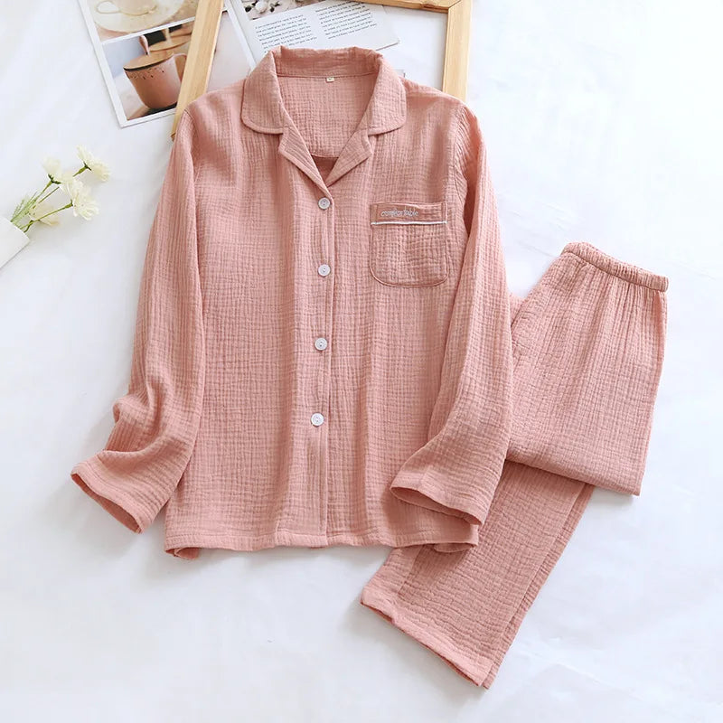Women’s Cotton Crepe Solid Color Long Sleeve Pajama Set
