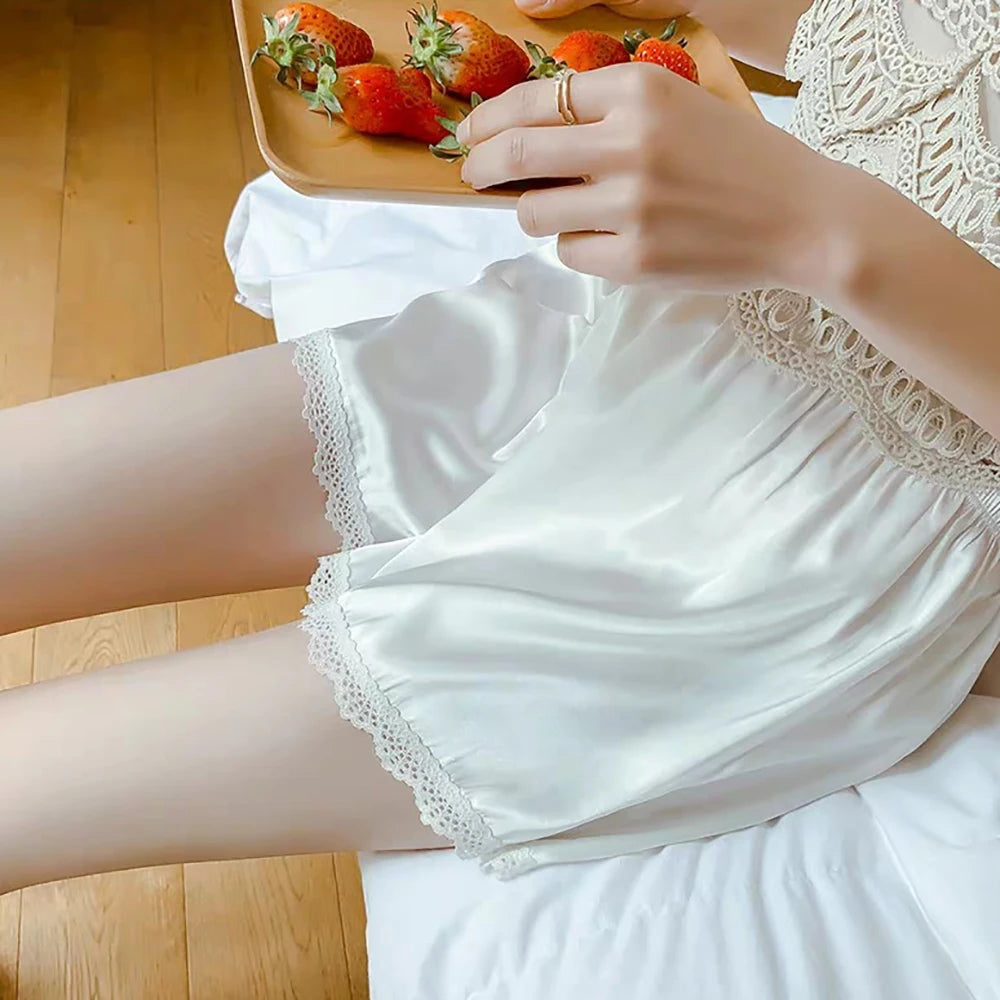 Women Spring Summer Satin Silk Lace Elastic Pajama Sleep Shorts