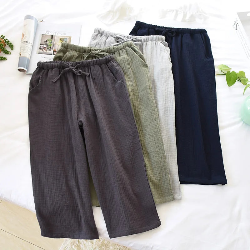Men Summer Plus Size Cotton Crepe Cropped Pajama Pants