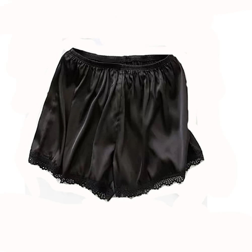 Women Spring Summer Satin Silk Lace Elastic Pajama Sleep Shorts