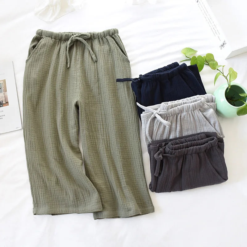 Men Summer Plus Size Cotton Crepe Cropped Pajama Pants