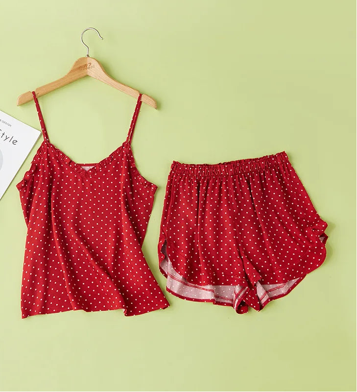 Women Summer Satin Viscose Spaghetti Strap Polka Dot 2 Piece Pajama Set