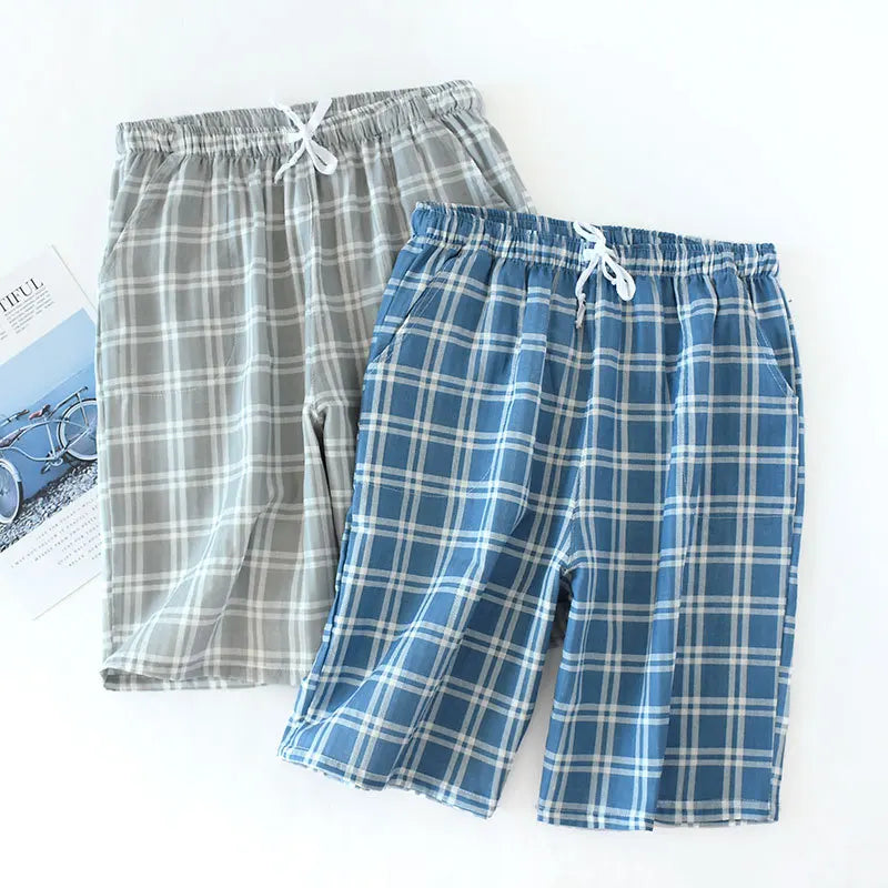 Men’s Summer Cotton Gauze Plaid Sleep Bottoms