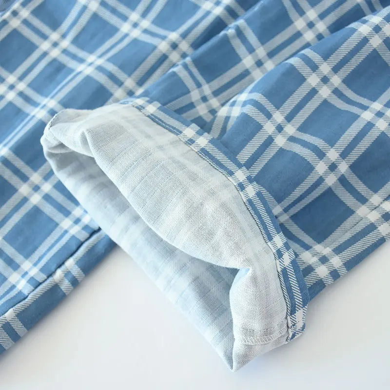 Men’s Summer Cotton Gauze Plaid Sleep Bottoms