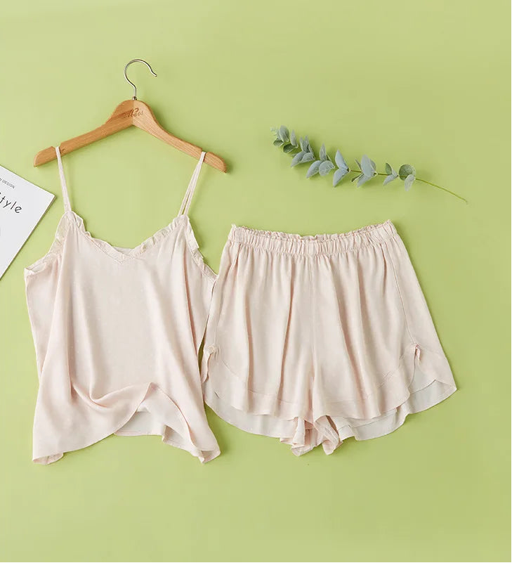 Women Summer Satin Viscose Spaghetti Strap Polka Dot 2 Piece Pajama Set