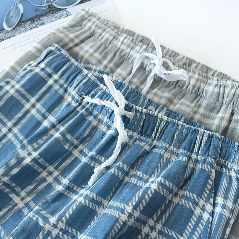 Men’s Summer Cotton Gauze Plaid Sleep Bottoms