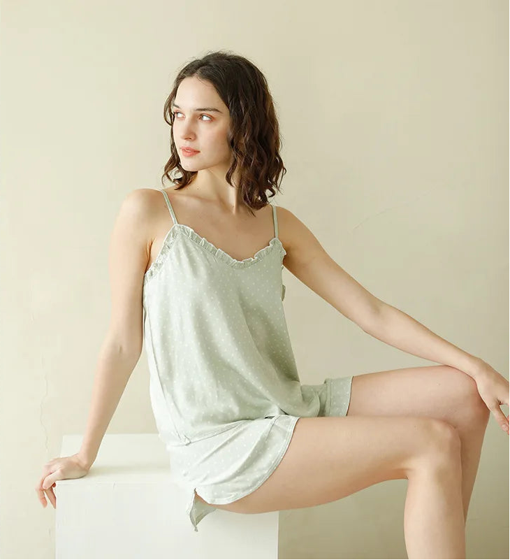 Women Summer Satin Viscose Spaghetti Strap Polka Dot 2 Piece Pajama Set