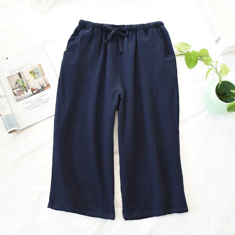Men Summer Plus Size Cotton Crepe Cropped Pajama Pants