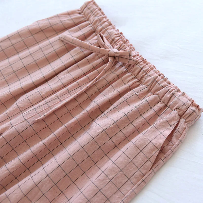 Women’s Washed Cotton Plaid Pajama Pants – Elastic Waist Lounge Sleepwear