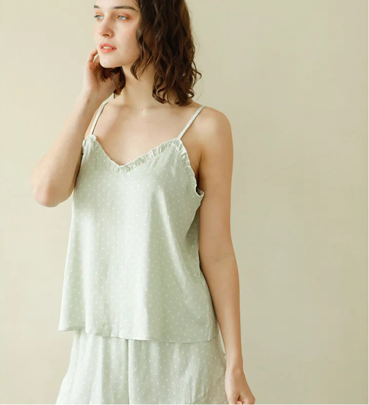 Women Summer Satin Viscose Spaghetti Strap Polka Dot 2 Piece Pajama Set