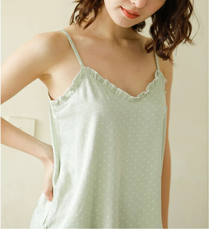 Women Summer Satin Viscose Spaghetti Strap Polka Dot 2 Piece Pajama Set
