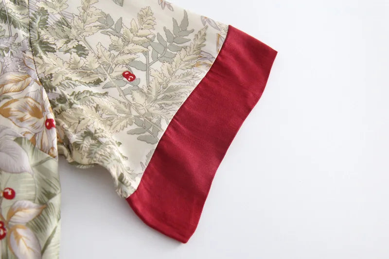 Women Summer Satin Printing Short Sleeve Turn-down Collar Pajama Set