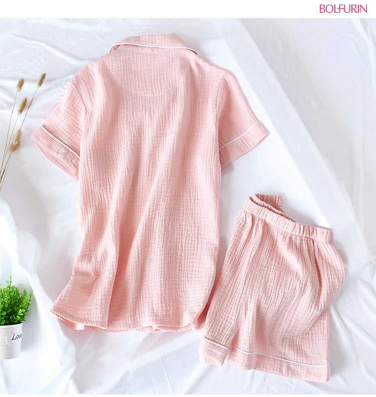 Women Summer Cotton Crepe Solid Short Sleeve 2 Piece Pajama Set