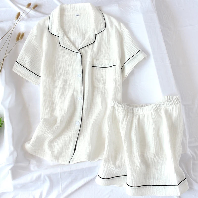 Women Summer Cotton Crepe Solid Short Sleeve 2 Piece Pajama Set