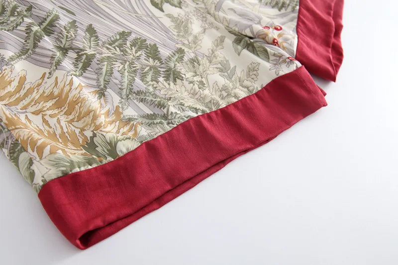 Women Summer Satin Printing Short Sleeve Turn-down Collar Pajama Set