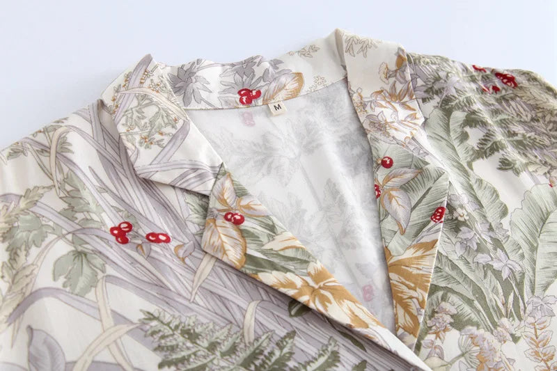 Women Summer Satin Printing Short Sleeve Turn-down Collar Pajama Set