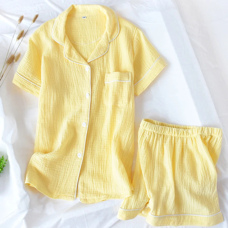 Women Summer Cotton Crepe Solid Short Sleeve 2 Piece Pajama Set
