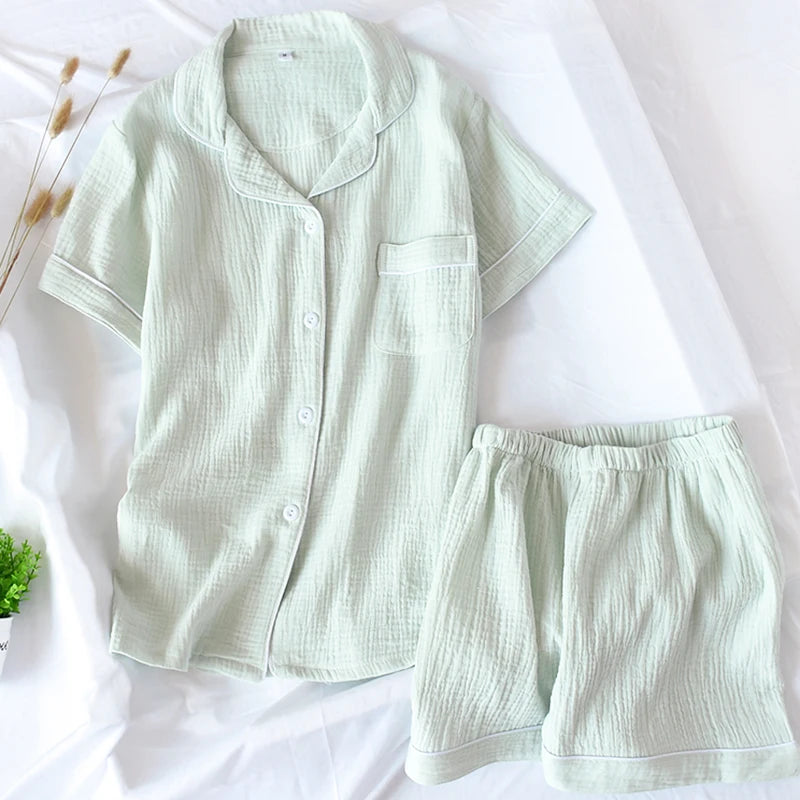 Women Summer Cotton Crepe Solid Short Sleeve 2 Piece Pajama Set