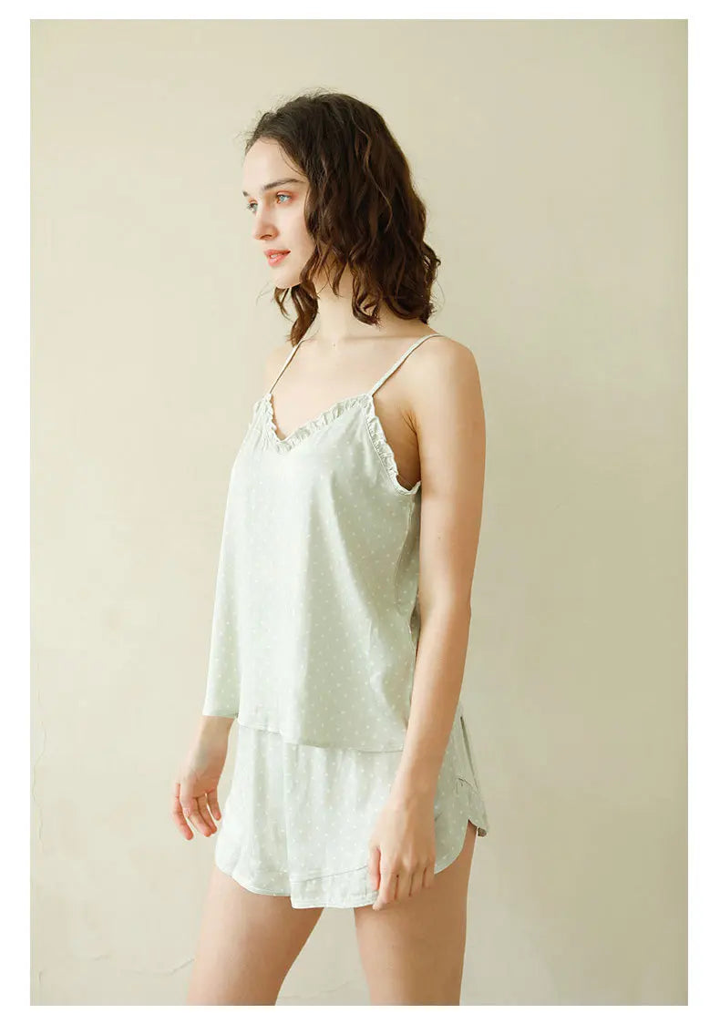 Women Summer Satin Viscose Spaghetti Strap Polka Dot 2 Piece Pajama Set