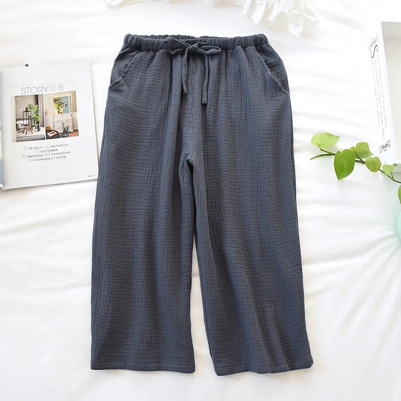 Men Summer Plus Size Cotton Crepe Cropped Pajama Pants