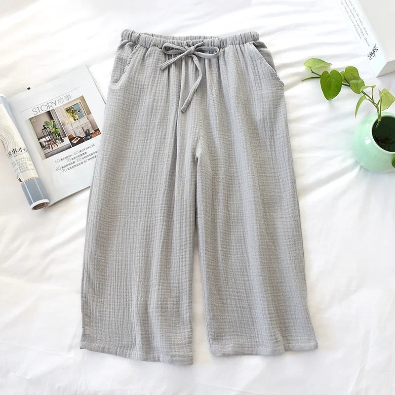 Men Summer Plus Size Cotton Crepe Cropped Pajama Pants