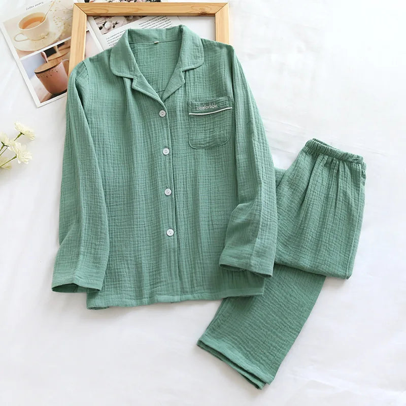 Women’s Cotton Crepe Solid Color Long Sleeve Pajama Set