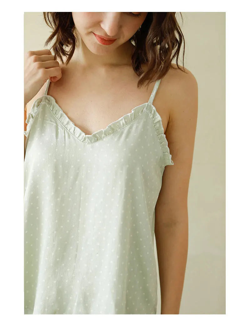 Women Summer Satin Viscose Spaghetti Strap Polka Dot 2 Piece Pajama Set