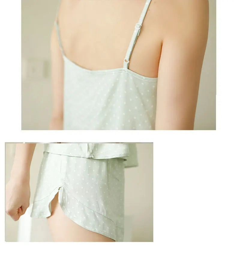 Women Summer Satin Viscose Spaghetti Strap Polka Dot 2 Piece Pajama Set