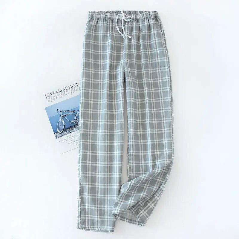 Men’s Summer Cotton Gauze Plaid Sleep Bottoms