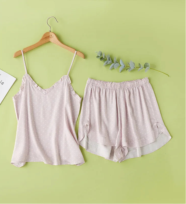 Women Summer Satin Viscose Spaghetti Strap Polka Dot 2 Piece Pajama Set