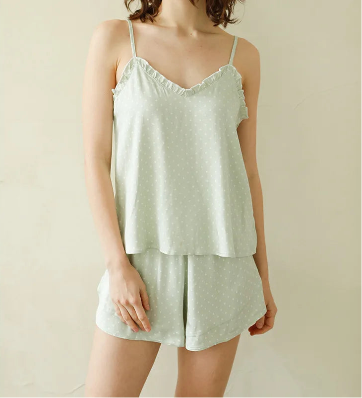 Women Summer Satin Viscose Spaghetti Strap Polka Dot 2 Piece Pajama Set