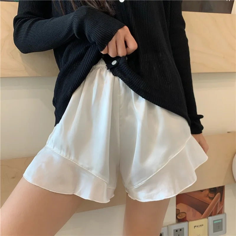 Women Spring Summer Elastic Waist Satin Ruffled Pajama Sleep Shorts