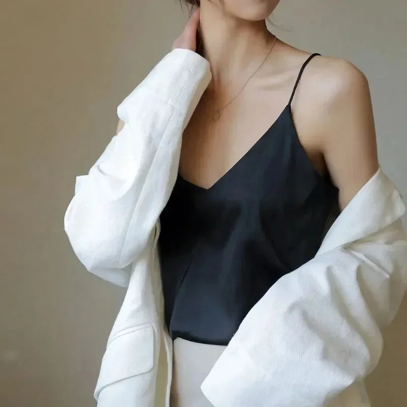 Women Satin Silk Spaghetti Strap Cami Summer Tank Top