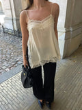 Women Summer Satin Lace Patchwork V Neck Sleeveless Sling Top
