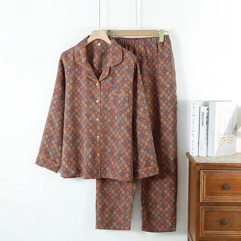 Women’s Autumn Cotton Jacquard Ethnic Print Pajama Set