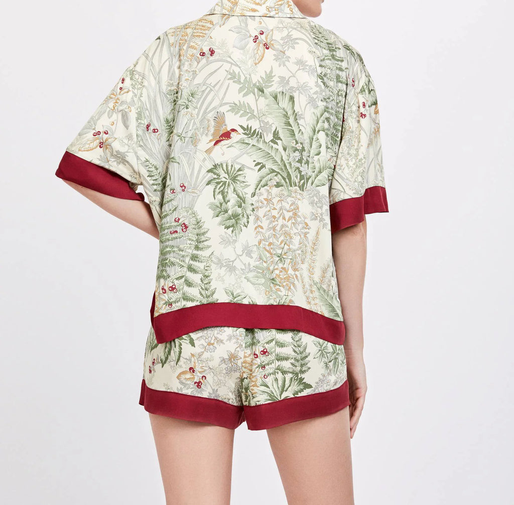 Women Summer Satin Printing Short Sleeve Turn-down Collar Pajama Set