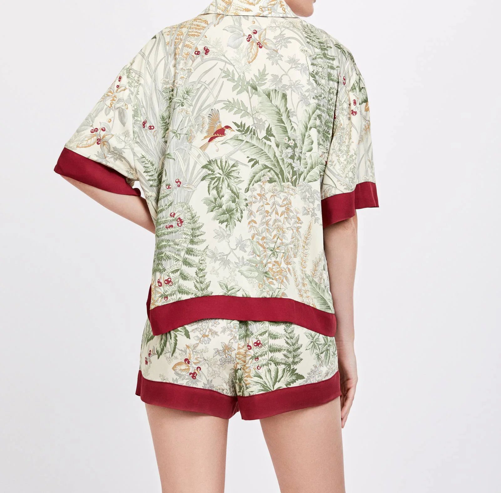 Women Summer Satin Printing Short Sleeve Turn-down Collar Pajama Set