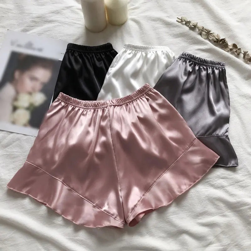 Women Spring Summer Elastic Waist Satin Ruffled Pajama Sleep Shorts