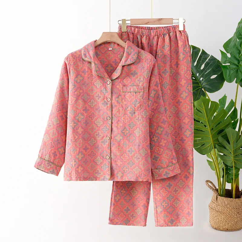 Women’s Autumn Cotton Jacquard Ethnic Print Pajama Set