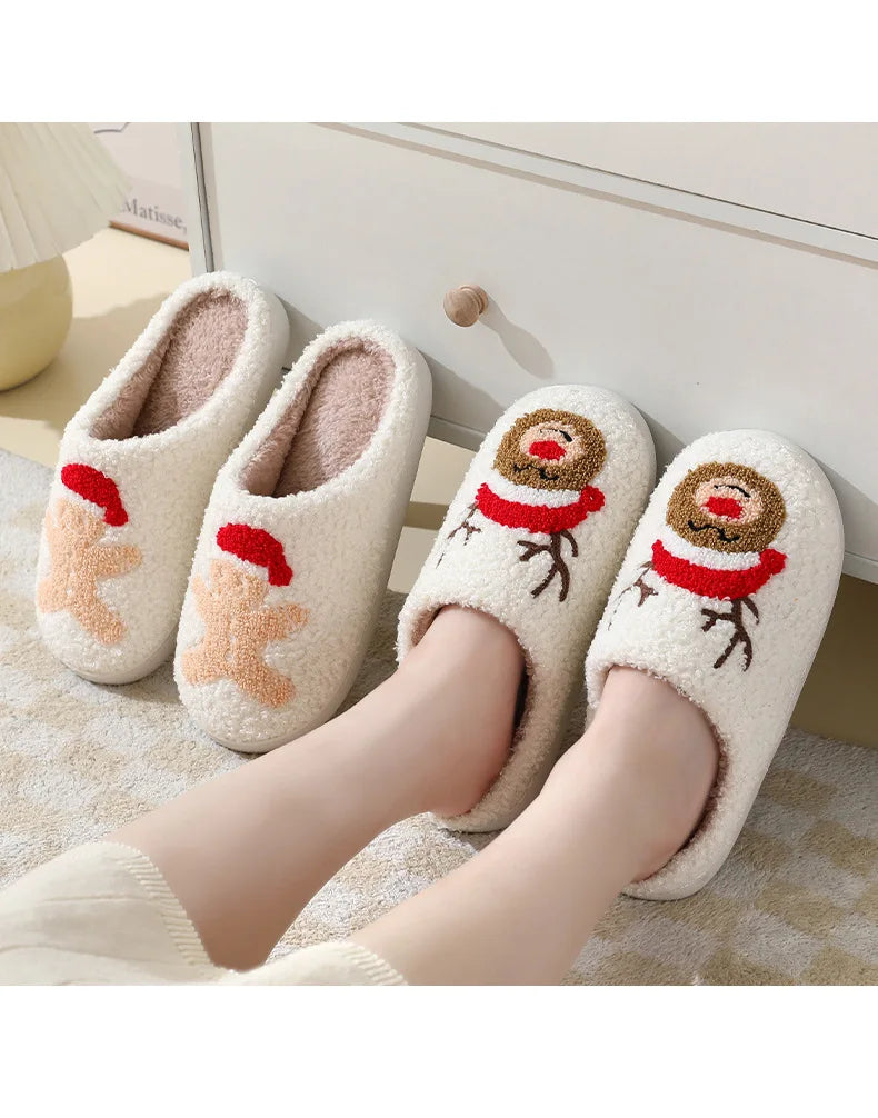 Women Winter Furry Cotton Slippers Indoor Warm Plush Non-Slip House Slides