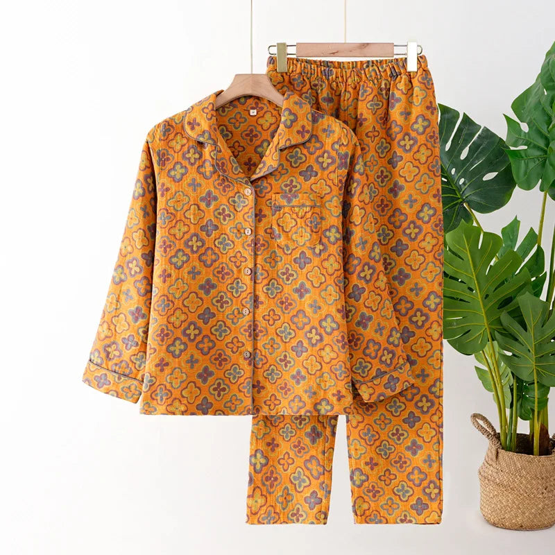 Women’s Autumn Cotton Jacquard Ethnic Print Pajama Set