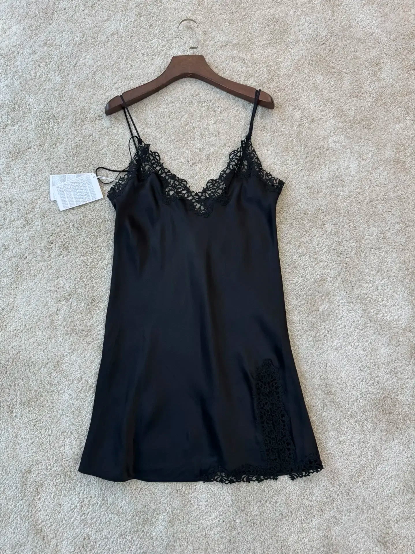 Women Summer Silk V Neck Lace Patchwork Suspender Nightgown Short Dress