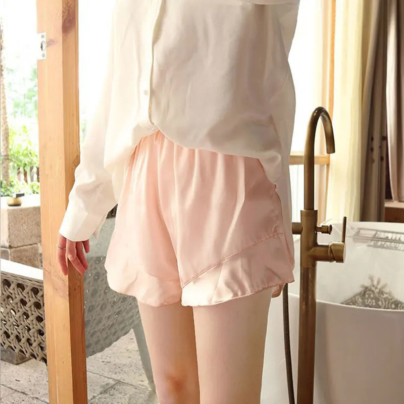 Women Spring Summer Elastic Waist Satin Ruffled Pajama Sleep Shorts